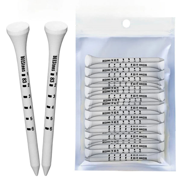 50 Pieces Bamboo Golf Tees 83mm White & Black Adjustable Depth Side Spin Reduction Friction Degree Scale Tees